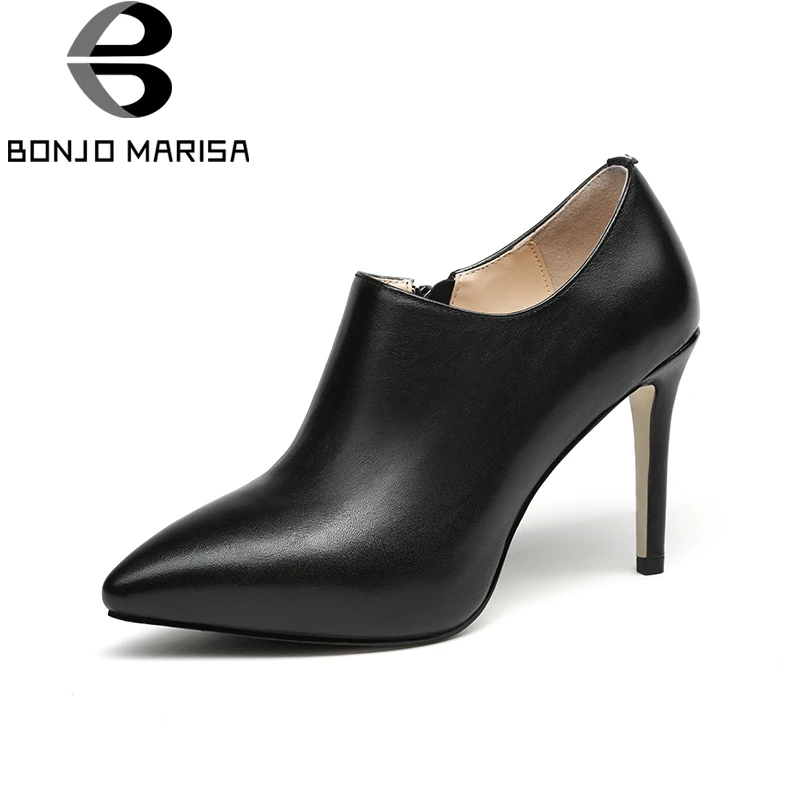 

BONJOMARISA 2018 Spring Autumn Genuine Leather Concise Black Deep Pumps Pointed OL High Heels Leather Insole Shoes Woman