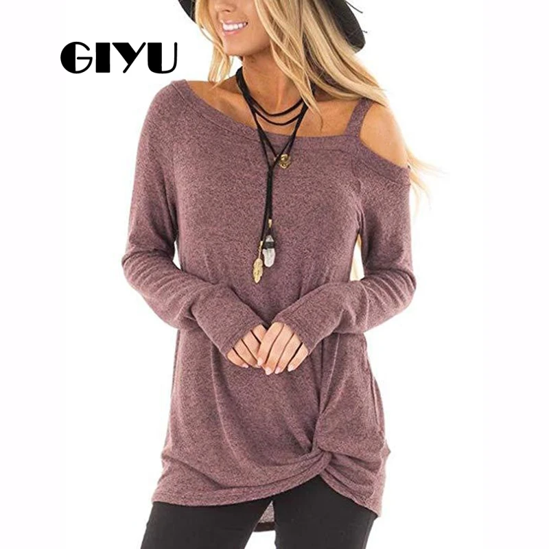 GIYU Autumn Solid Cold Shoulder Hoodies Women Long Sleeve Tee Casual Basic Sweatshirt Ruched Female camiseta mujer
