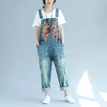 Для женщин для отдыха свободные джинсовые комбинезоны Цветочный принт Жан брюки хип-хоп мешковатые комбинезон рваные штаны с подтяжками 022502