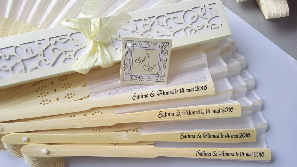 

10 pcs Personalized Engraved Luxurious Silk Fold hand Fan in Elegant Laser-Cut Gift Box +Party Favors/wedding Gifts+printing