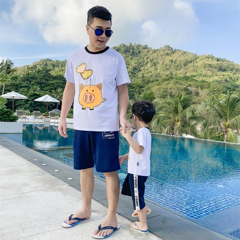Family Matching Clothes Cute Heart Pigs Father Mother Kids T-shirts New Cotton Short Sleeve Summer Tops Boys Girls Shirt Gifts 