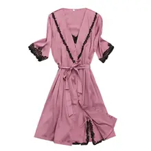 Для женщин обувь для девочек пикантные однотонные цветной халат+ пижамные комплекты кружевное платье с цветочным рисунком атласная Шелковый халат, ночная рубашка 2 предмета в комплекте