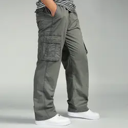 Большие люди Брюки-карго 6XL 5xl упругие талии брюки мужские большие размеры длинные штаны хлопковые прямые военные несколько карманов Штаны