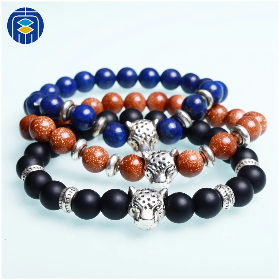 

Hot Sale 8mm Natural Lapis lazuli Stone Bracelet Leopard Lion Head Zircon Bracelets for Men
