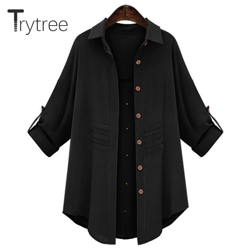 Günstige Trytree Sommer Herbst Frauen Lange Bluse Casual Polyester hemd drehen unten Kragen Armee Schwarz Tops kleidung Casual Solide Shirts