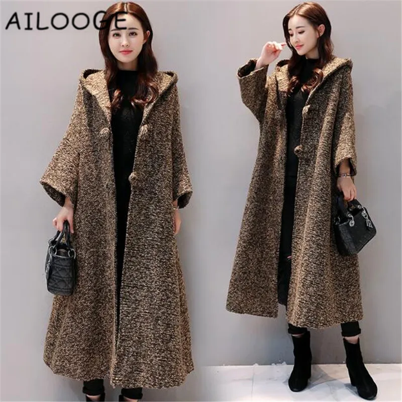 

2019 Korean New Autumn Winter Bat Sleeve Woolen Coat Fat MM Plus Size Long Hooded Loose Cardigan Woolen Jacket Women