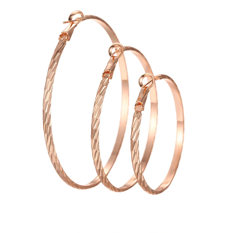 

3MM Wide Women Girls 585 Rose Gold Color Carve Hoop Earrings Small Middle Big Round Earrings