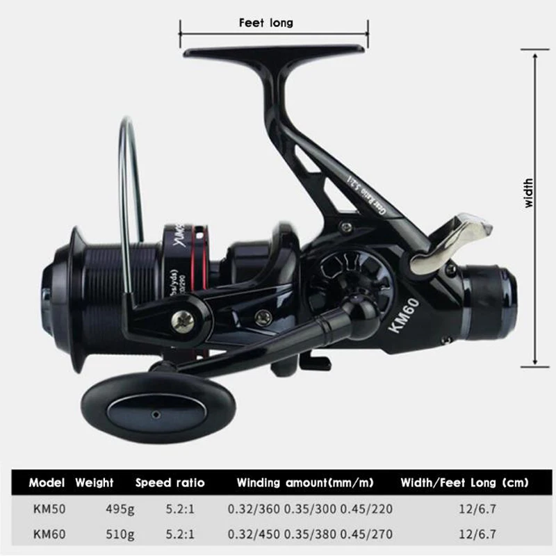 Новинка, подарок для рыбалки, спиннинговая рыболовная приманка, катушка с двойным вытягиванием, полностью металлические катушки, карповое рыболовное колесо, высокоскоростное 5,2: 1 KM50 KM60 серия