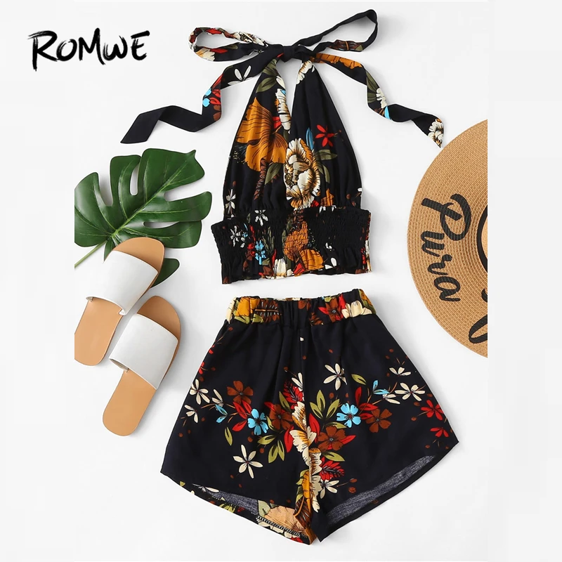 

ROMWE Floral Print Halter Top With Shorts 2019 Stylish Summer Sexy Sleeveless Women Set Glamorous Black Female Two Piece