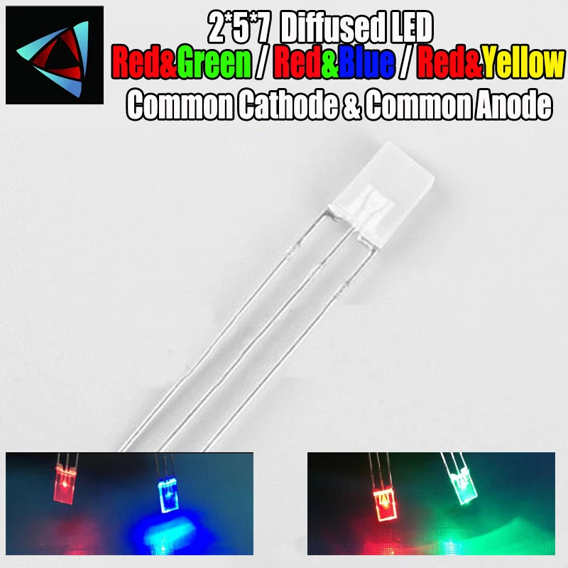 

50pcs 2*5*7 Square led Diode Dual Color Red And Green Blue Yellow Clear Lens Common Cathode & Common Anode Round Bi-Color DIY