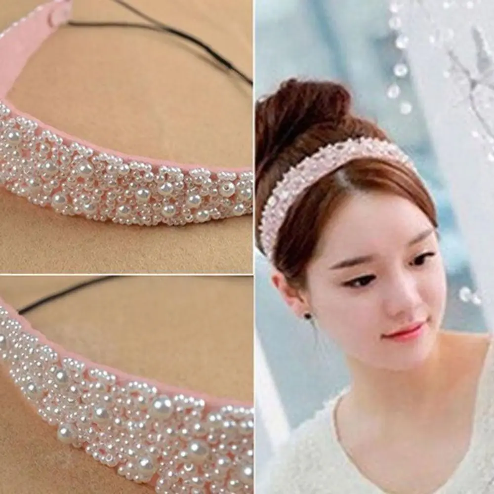Chic Pink Pearl Beads Crystal Headband Hairband Elastic Hair Head Band