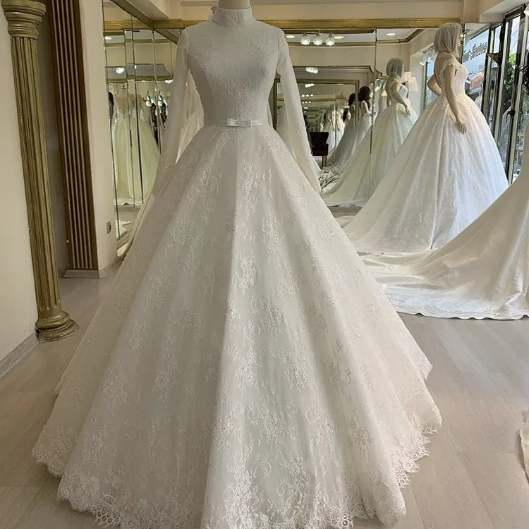 

Cinderella High Neck Long Sleeves A-Line Zipper Back Tulle Lace Applique Pearl Beaded Wedding Dresses With Bow vestido de noiva