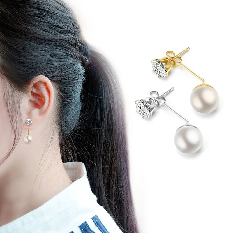 

Stainless Steel Korean Personality Pearl Earrings for Women Gold/Steel Color Simple Zircon Claw Drill Hanging Party Jewelry Gift