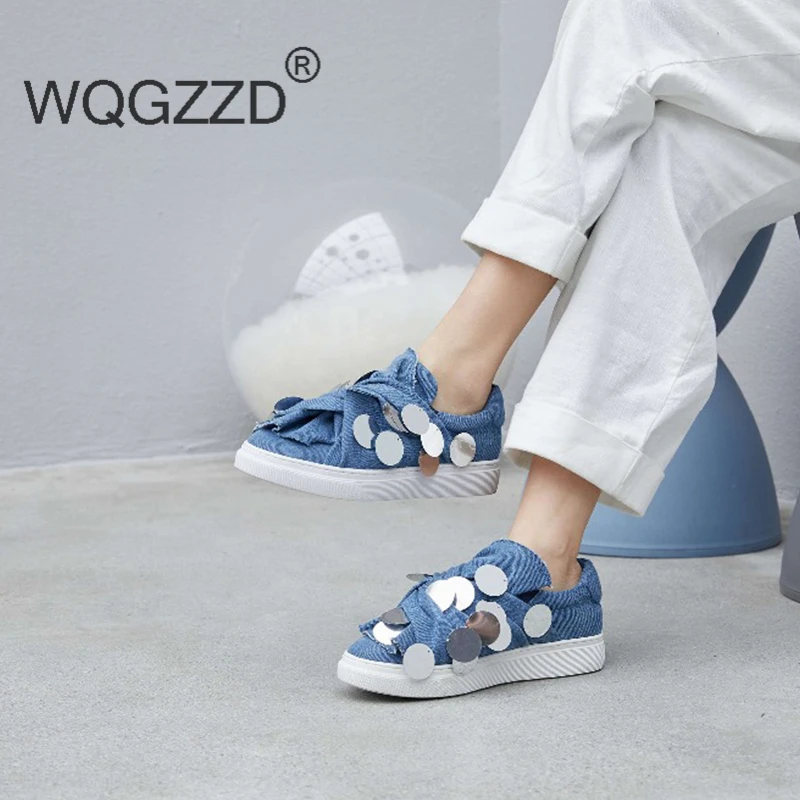 

Chaussure femme flat shoes women loafers concise preppy style round toe bling bling denim sneakers fairy vulcanized shoes