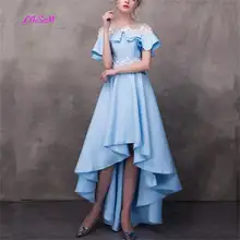 Небесно-голубые платья для выпускного вечера с круглым вырезом и коротким рукавом, шифоновые вечерние платья, Новое поступление, вечерние платья с кружевами длиной до лодыжки