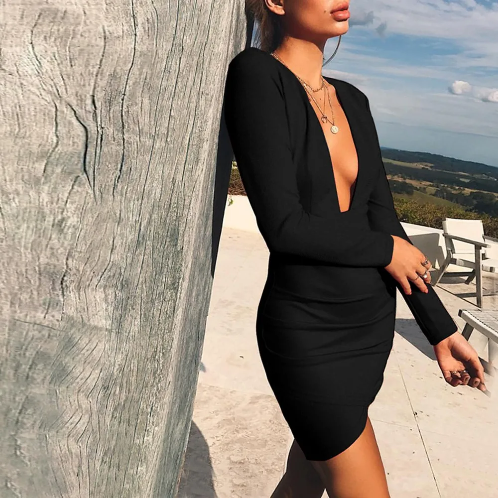 

Women Bodycon V Neck Mini Dress Sheath Long Sleeve Solid Beach Evening Party Dresses Sukienka damska Vestidos Robe Femme 2019