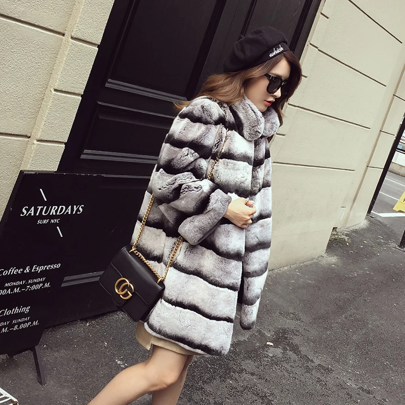 

80cm Long Chinchilla Stripes Color Real Rex Rabbit Fur Coat /Grey Striped Outwear/Plus Size Custom Fur Coats Men Fur Garment