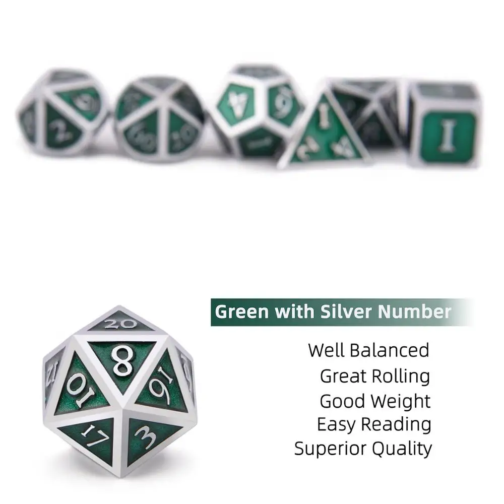 Goede Polyhedrale Metal Dice Set Zinklegering met Emaille Effen Metalen voor DND Spel Tafelblad RPG Zilver   Groen