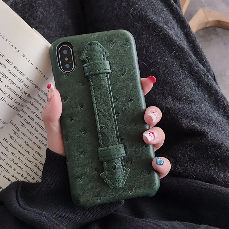 Зеленый высококачественный кожаный страусиный узор кронштейн задний Чехол для телефона для iphone 6 6s 7 8 Plus все включено анти-осень крышка XS Max X - Цвет: Green