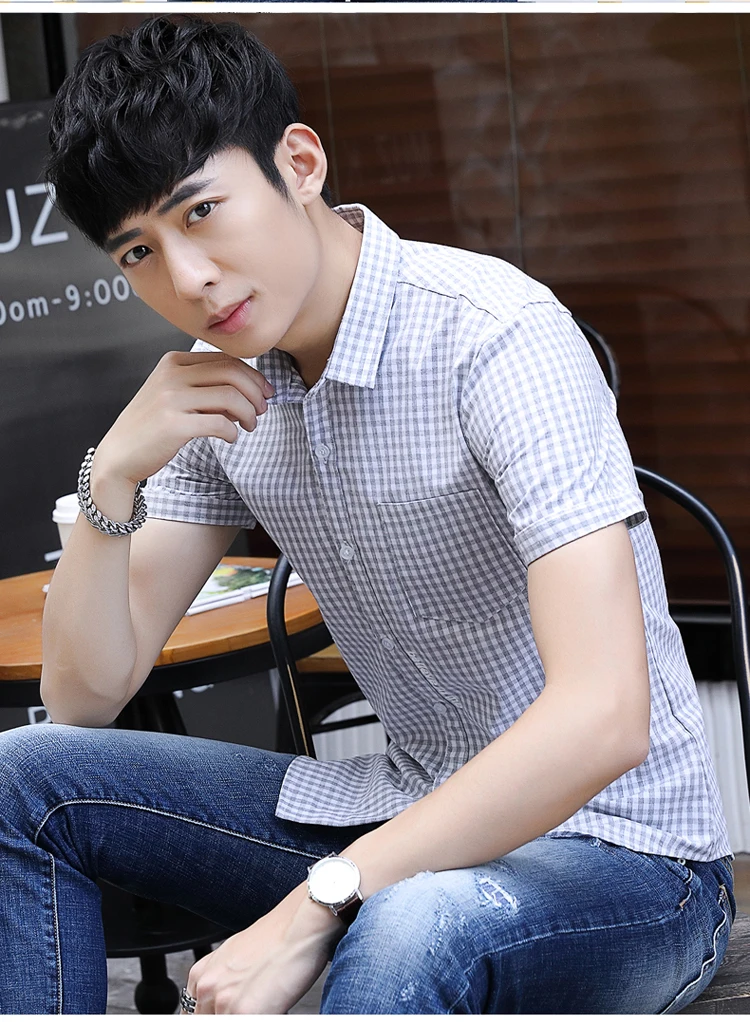 2019 летние мужские рубашки с рукавами и мужские корейские версии соответствуют тренду молодежи тонкий красивый досуг плед