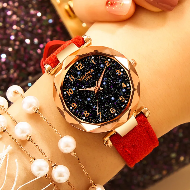 

Luxury Starry Sky Watch For Women Fashion Ladies Quartz Wristwatch Red Leather Waterproof Clock relogio feminino zegarek damski