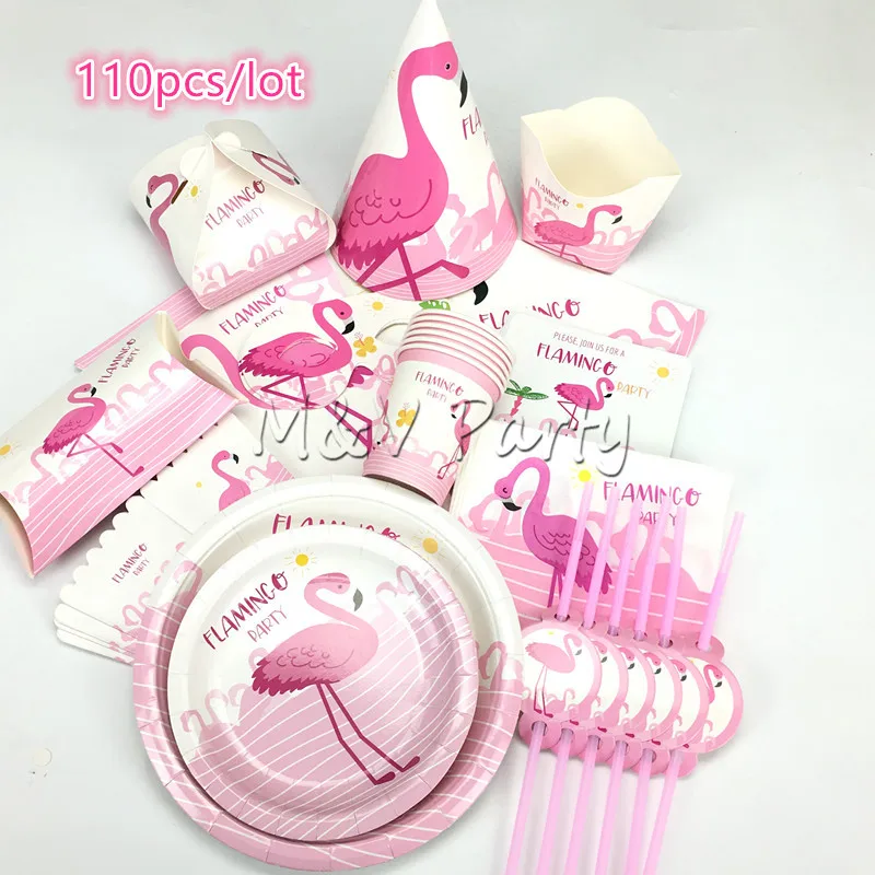 110 шт/партия мультфильм Розовый фламинго тема одноразовая посуда набор бумажные тарелки Комплект салфеток детский душ вечерние украшения - Цвет: 110pcs