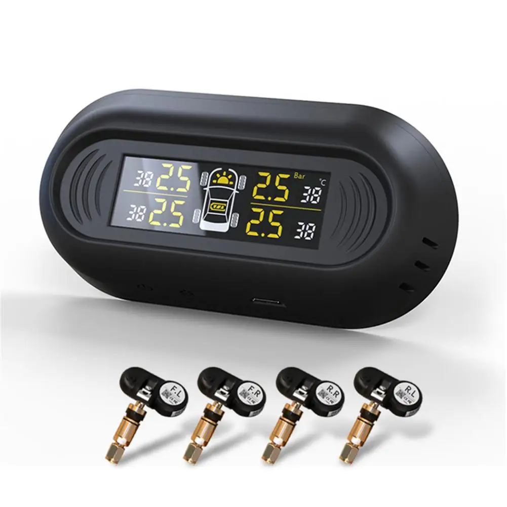 

Car TPMS Tire Pressure Monitoring System With 4 Internal Sensor Solar Charge LCD Tire Pressure Display Monitor Support Bar/PSI
