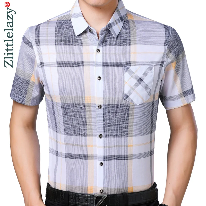 

2019 summer short sleeve men shirt plaid male casual slim fit social clothes luxury shirts mens dress fashion high quality 0019