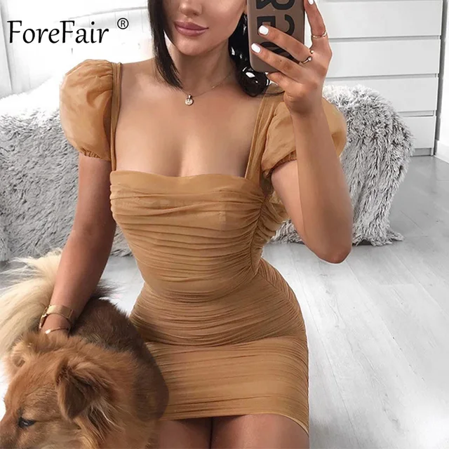 US $11.59 Forefair Puff Sleeve Mesh Sexy Dress Summer Mini Square Neck Vintage Fashion 2020 Club Party Bodyco