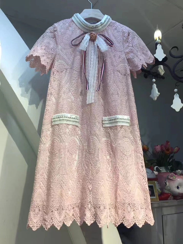 Брендовое элегантное кружевное платье с бантом и цветами, женское летнее мини-платье белого/розового цвета, Vestidos, короткое милое платье с блестками