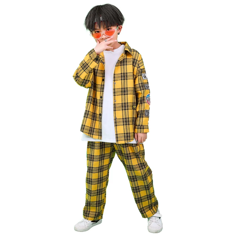 2019 New Children Hip-hop Street Dance Performance Costume Autumn Boys Girls Loose Jazz Dance Show Yellow Plaid Shirt Pants Set (18)