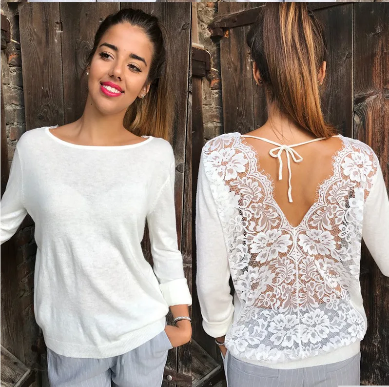 

Summer Fashion Women Hollow Back Black White Lace T Shirt Casual Tide Ladies Office Party Shirts Clothes XL