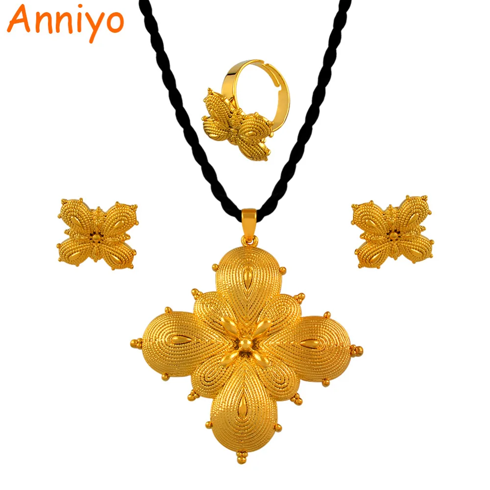 

Anniyo New Ethiopian Big Cross Pendant & Earrings/Ring Set Gold Color African Eritrean Jewelry Set #061502