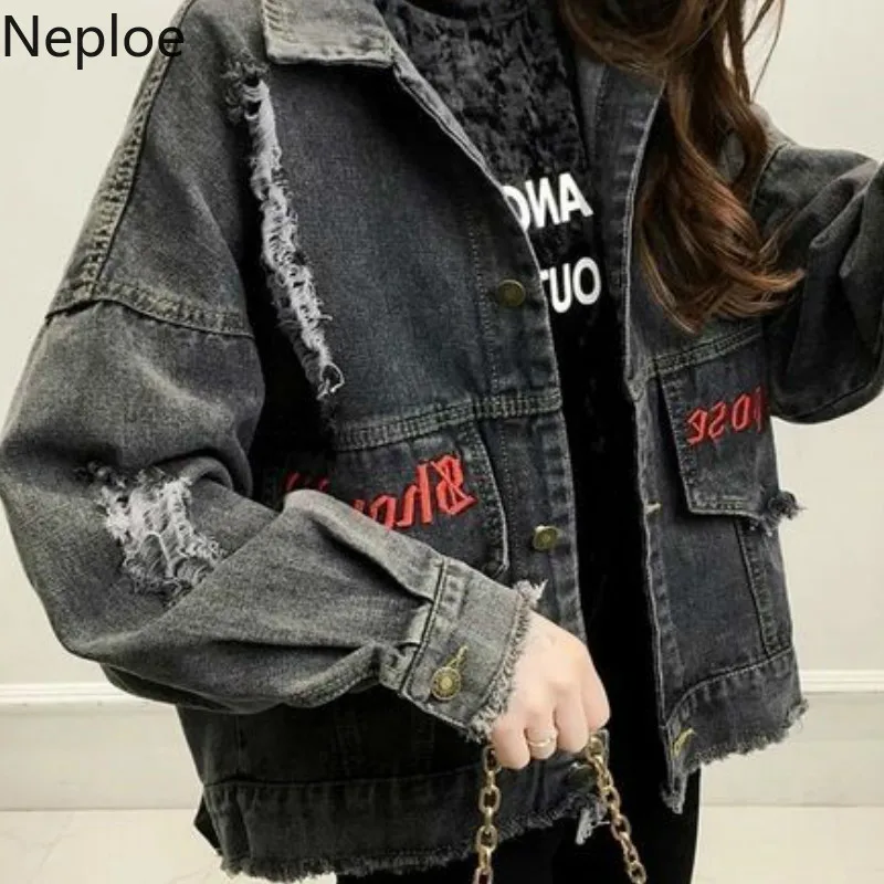 Neploe Харадзюку черное пальто осенняя джинсовая куртка для женщин вышивка письмо потертые рваные джинсовые куртки корейский уличная