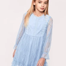 Balabala/мягкое кружевное платье для девочек; платья до колена с расклешенными рукавами; Детские Свадебные платья для девочек-подростков; весенне-осенние платья