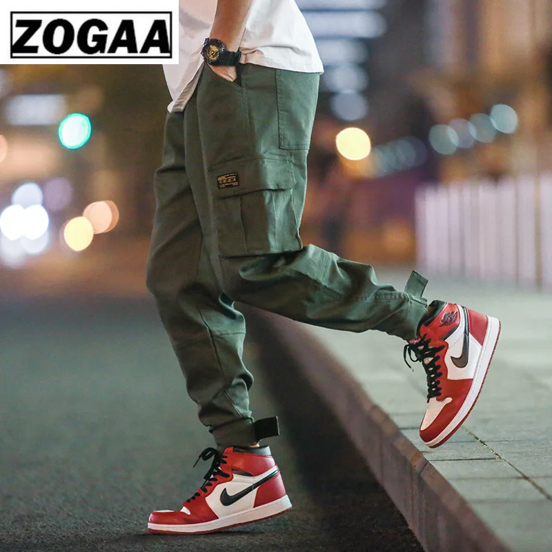 

ZOGGA 2019 Spring Solid Color Ankle-Length Cargo Pants Men 100%cotton Mid Waist Hip Hop Pants with Zipper NO Fade/shrink/pilling