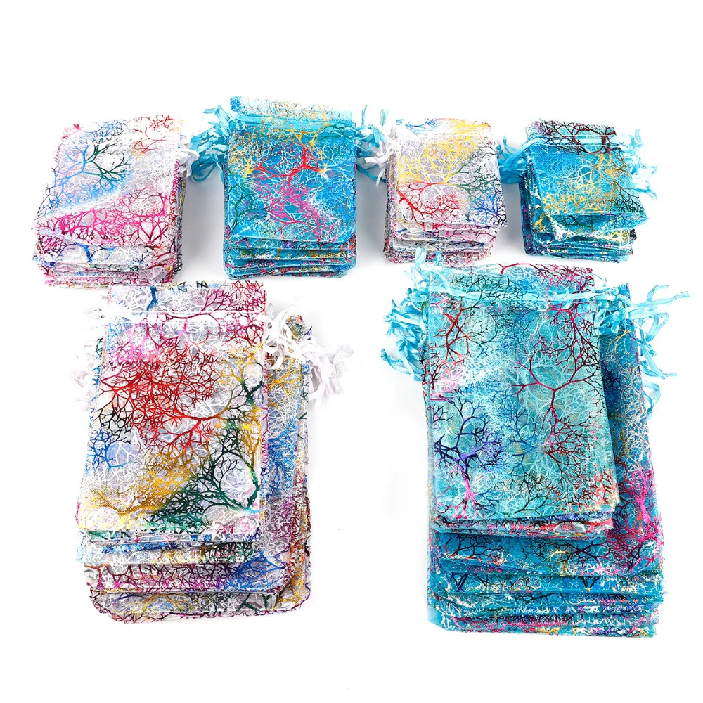 

10pcs/bag Golden Coral Colour Yarn Pouches Christmas Wedding Gift Candy Bags Organza Gauze Element Jewelry Packaging Bags
