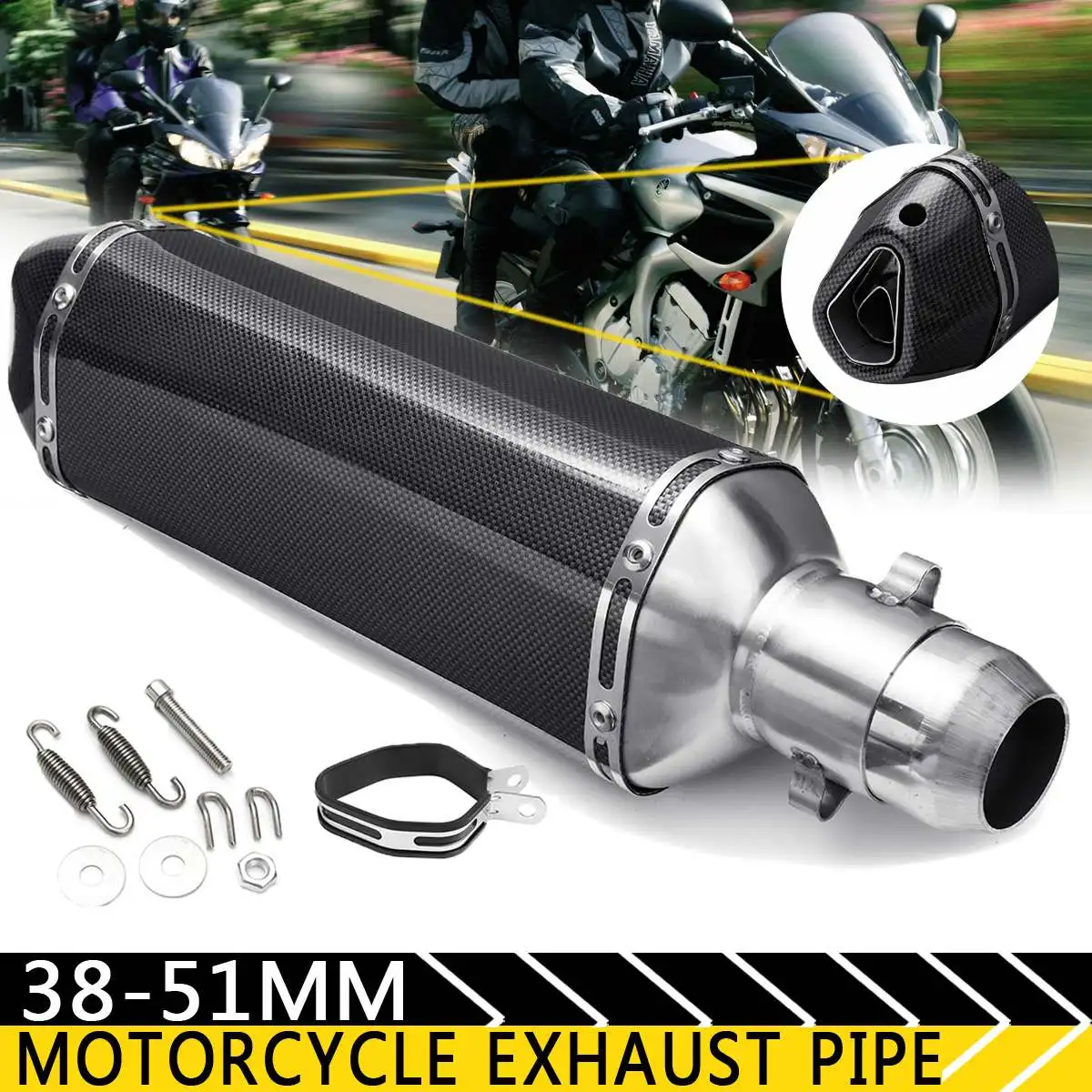 

Universal 1Set 38-51mm Motorcycle Exhaust Muffler Escape Slip Pipe Fit Motorbike Scooter Dirt Bike Carbon Sliver Cool Aluminium