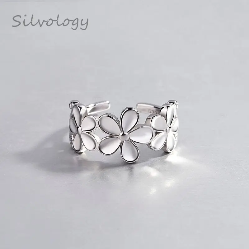 Silvology 925 пробы серебряные кольца в виде цветка лепестки дизайн художественная текстура указательный палец Открытые Кольца для женщин элегантные праздничные украшения