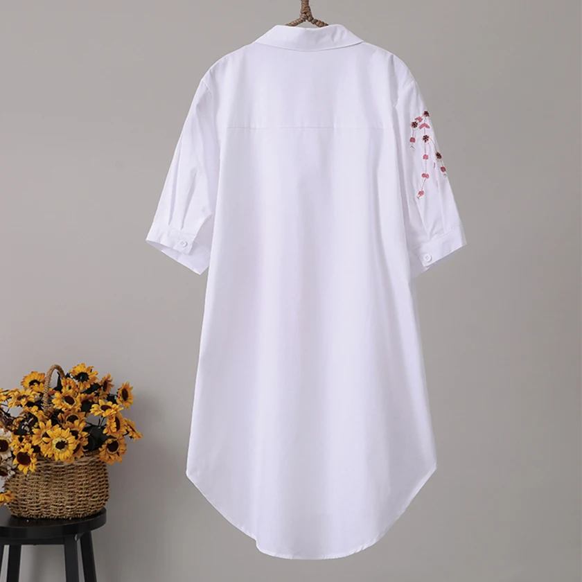 Новое поступление Женская длинная хлопковая белая блузка с цветочной вышивкой летняя белая женская рубашка с коротким рукавом Топ с отложным воротником T96408F