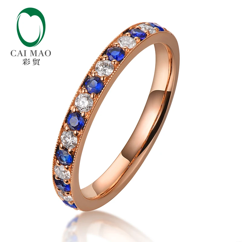 

CAIMAO Half Eternity Natural Blue Sapphire and Brilliant Diamonds Engagement Wedding Band for Unisex Vintage Milgrain 14k Gold