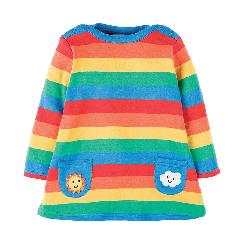 

Little maven 2-7Years Rainbow Pattern Baby Girls Toddler Kids Children's Long Sleeve Pocket Dress Fall Clothing Vestido Infantil