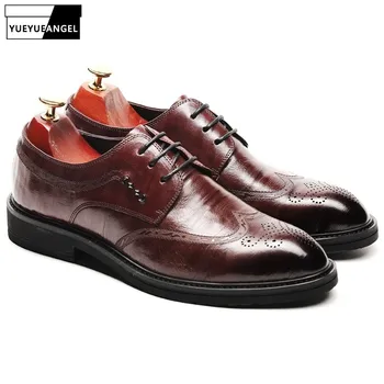 

Mens Genuine Leather Brogues Shoes 2019 New Vintage Lace Up Pointed Toe Shoes Brand Business Casual Black Brown Dress Shoes Male