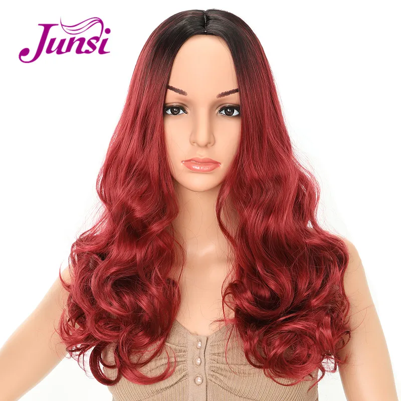 

JUNSI Long Cosplay Synthetic Wig Red Black Ombre Purple Wigs for Women Curly High Temperature Fiber Hair