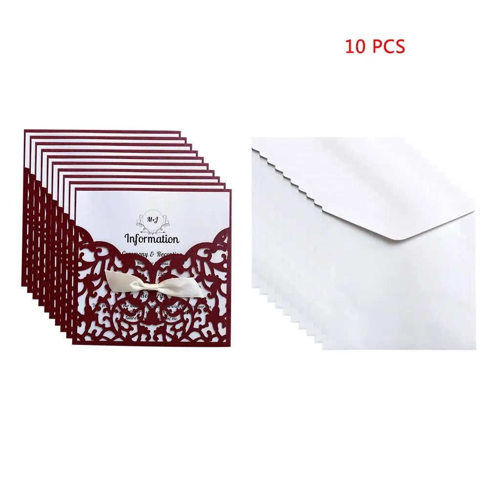  10PCS European style Laser Cut Flower with Bowknot Wedding Invitations Cards Lace Pocket Greeting C - 32909876998