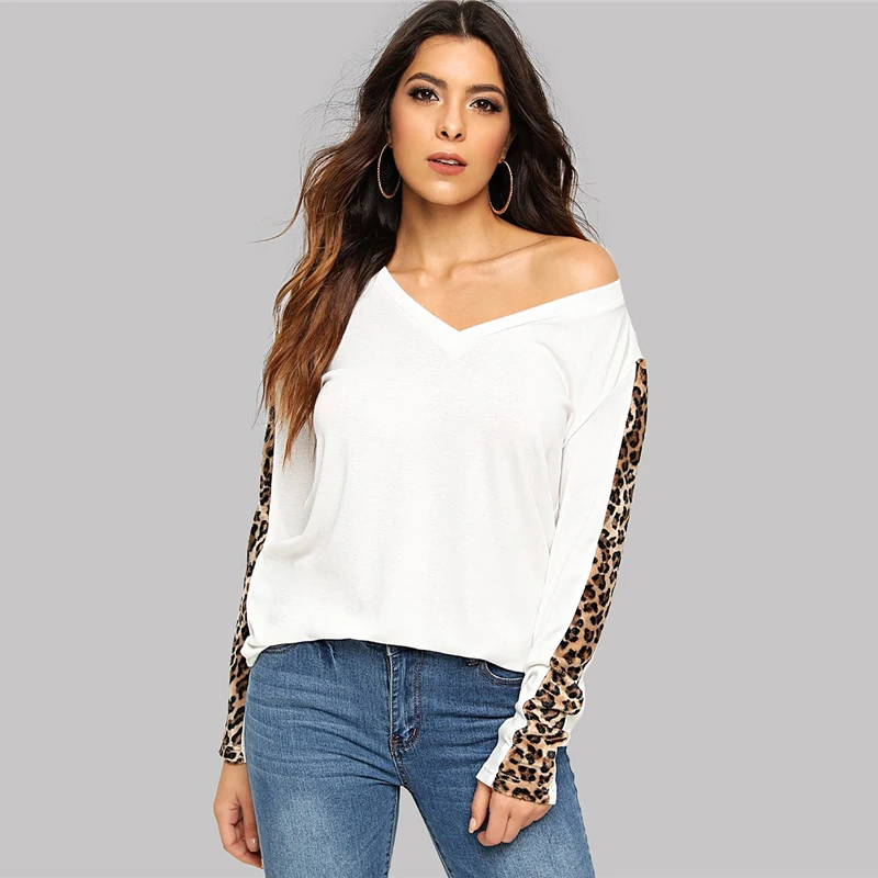 Dotfashion белая футболка с v-образным вырезом и леопардовым рукавом, футболка с длинным рукавом, Повседневная трендовая одежда для женщин, весенне-осенние модные топы