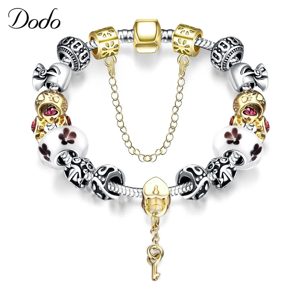 Luxury Crystal Heart Lock Key Charm Bracelet & Bangle Silver Plated