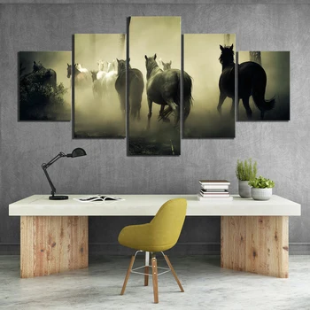 

5 Piece HD Nature Scenery Paintings Artwork Horses Group Running Poster Landscape Wall Art Canvas Paintings for Home Decor