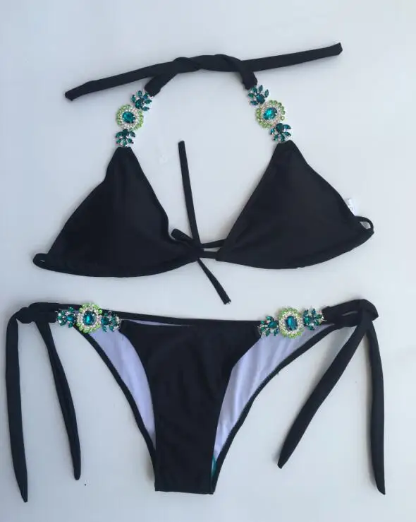OULING High Quality Diamond Rhinestone Bikini Swimsuit Sexy Women Bandage Biquini Micro Lace Bikini Halter Swimwear Beach Wear
