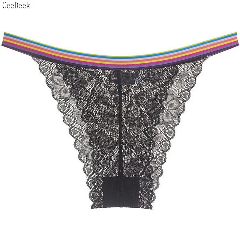 Women Sexy Lace Bikini Rainbow Band Panties Low Waist G Strings